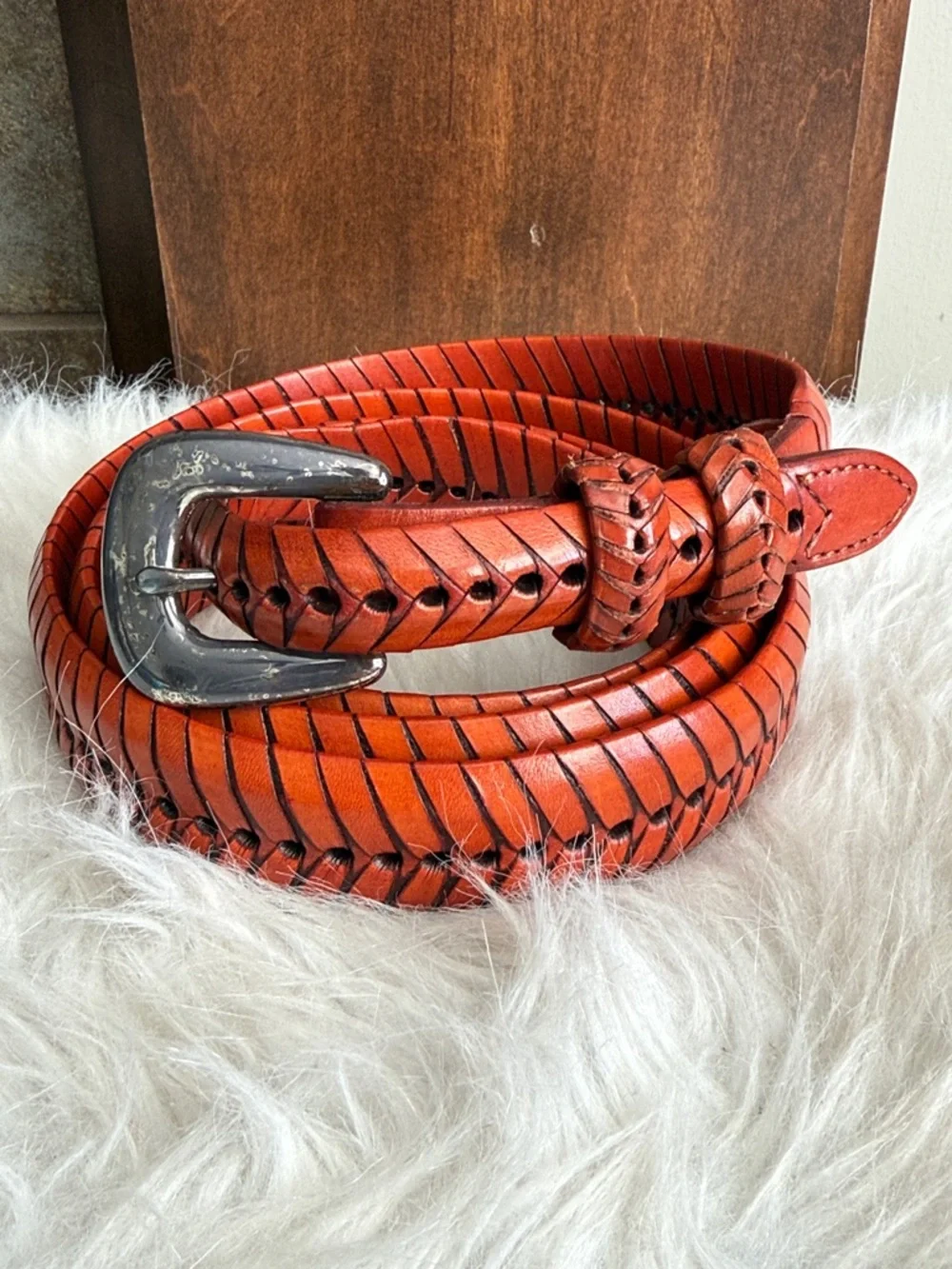 Burnt orange brown fishtail herringbone leather belt Mexican brass buckle 56
